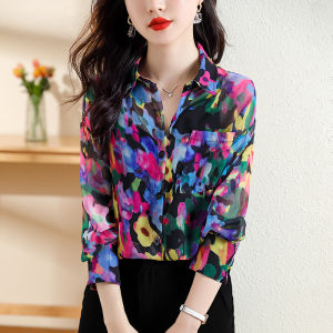 Floral Print Long Sleeve Womens Shirt Thin Chiffon Summer Spring Autumn Fashionable Top Sun Protection Silk Blend Blouse