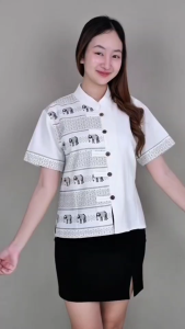 เสื้อผ้าฝ้ายคอจีนแต่งลายช้างครึ่ง 5 กระดุม
