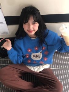 เสื้อสเวตเตอร์ถักคอกลมแขนยาวลายแมวหลวมๆ สำหรับผู้หญิง ฤดูใบไม้ร่วง/ฤดูหนาว สไตล์เกาหลี หวาน น่ารัก แฟชั่น