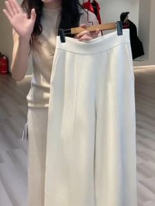 Pure Wool Knit Loose Pants Womens High Waist Thick Loose Casual Pants Thickened White Cashmere Straight-Leg Trousers with Pockets