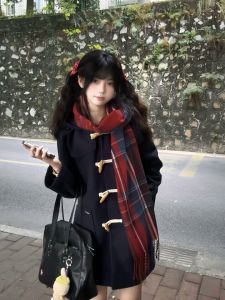 Thickened Woolen Coat for Women with Horn Buttons Mid-Length Large Size Autumn Winter Japanese Style College Fashion Small Figures