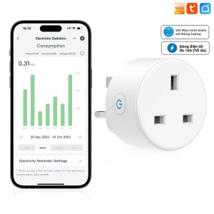 Ổ Cắm Thông Minh Tuya WiFi Chuẩn Anh Màu Trắng 16A Điều Khiển Bằng Giọng Nói Tương Thích Với Alexa Và Google Assistant Không Cần Hub Kiểu Tròn.