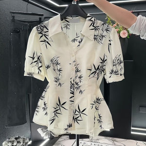 New Elegant Plus Size Waist-Cinching Bamboo Leaf Short Sleeve Shirt