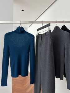 French Stylish Sapphire Blue High Neck Slim Fit Long Sleeve Sweater