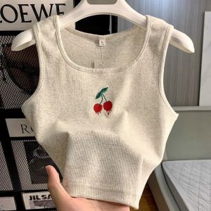 Sweet Embroidered Cherry Strapless Loose Fitting Sleeveless Womens Base Layer Top Summer Casual Polyester Fiber H-Shape Vest