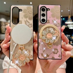 Case for Samsung Galaxy Z Fold6 Fold 6 Z Fold5 Fold 5 Z Fold4 Diamond-encrusted Smiley Face Flower Bracket Folding Screen Back Cover Fine-hole Camera Protection Drop-proof Shockproof Protective Case