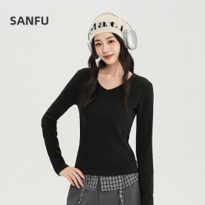 SANFU | New Winter Elegant V-Neck Tapered Hem Fashionable Thick Long Sleeve Tee