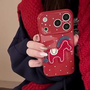 Potdemiel | 2026 Korean Polka Dots 3D Cartoon Embroidery Horse Pony Phone Case For iPhone 17 16 15 14 13 12 Pro Max Shockproof Soft Cover