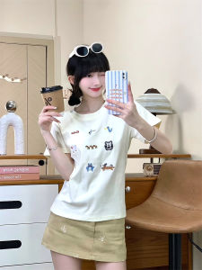 Cute Cartoon Embroidery Short Sleeve round Neck T-Shirt Womens Slim Fit Straight Tube Short Top Korean Style Summer Cotton Blend