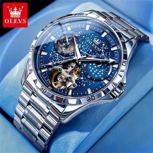 [100% Original] OLEVS Jam Tangan Lelaki Automatic Waterproof  Watch Mechanical Stainless Steel Moon Phase Luminous Watches Fashion Busi