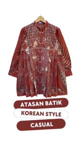 ASTINA TERACOTA Plisket Blouse Blus Atasan Batik Wanita Baju Kantor Kerja Bahan Katun Primis Halus Warna Bata Koral