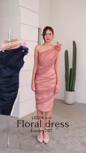 [LUXURY707] LX2104 : ชุดออกงานกระโปรงสอบ ไหล่เดี่ยวแต่งเข็มกลัดดอกไม้เพชร