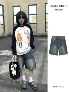 กางเกงขาสั้นผ้ายีนส์สีน้ำเงินหลวมๆ สำหรับผู้หญิง กางเกงขายาวทรงหลวม 5 ข้าง ทรงหลวม สวมใส่สบาย ทรงหลวม ทรงหลวม ทรงหลวม