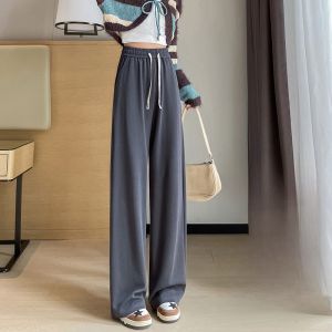 YAMIANNV | Grey High Waist Slim Wide Leg Pants Womens Sporty Loose Casual Straight Cut Trousers Drapey Autumn Winter New Arrival