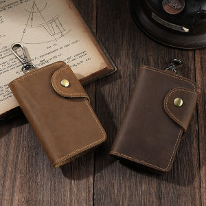 Crazy Horse Leather Key Bag Mens Multi functional Waist Hanging Keys Cards Cover