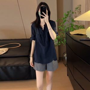 Bộ Đồ Hai Mảnh Dáng Rộng Dài Tay Mùa Hè Cho Nữ Bộ Đồ Hai Mảnh Quần Short Màu Xám Tay Dài Cổ Polo Polyester