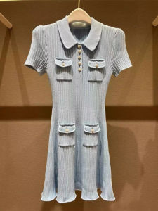 Váy Ngắn Cổ Polo Dệt Kim Màu Xanh Lam Cho Nữ Thanh Lịch Eo Cao Chất Liệu Polyester Kiểu Dáng Chữ A Mùa Xuân Hè