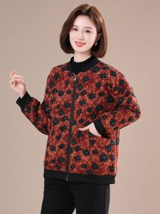 Lightweight Cotton Jacket for Women Floral Print Loose Fit Long Sleeve Zipper Closure Commute Style Regular Length Coat