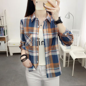 Womens Plaid Shirt Long Sleeve Korean Style Retro Hongwei Base Layer Casual Spring Autumn Wear Single Wear Coat