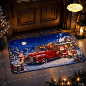 VIKAMA Retro Red Christmas Truck Doormat Soft Non-Slip Entryway Mat Christmas Holiday Rug Front Door Home Decor Floor Mat