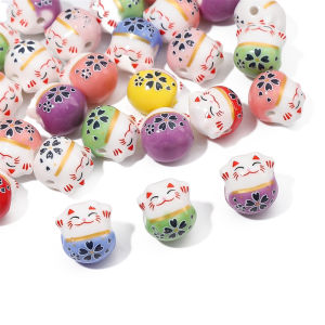 2Pcs 14mm Handmade Painted Colorful Fortune Cats Ceramic Beads Cute Lucky Cat Charms for DIY Bracelet Jewelry Craft Making Accessories
