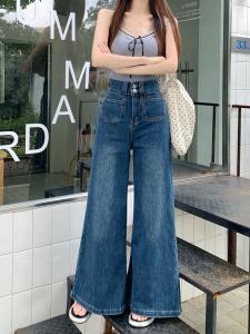 กางเกงยีนส์ขากว้างเอวสูงสําหรับผู้หญิงสไตล์กางเกงไมโครพร้อมรายละเอียดปุ่มและปิดซิปสีเข้มความหนาปกติ