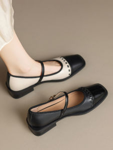 Fashionable Flat Head Single Shoes Womens Retro Strap Square Head Flats Low Heel Glue Bottom Leather Inner Material Sheepskin