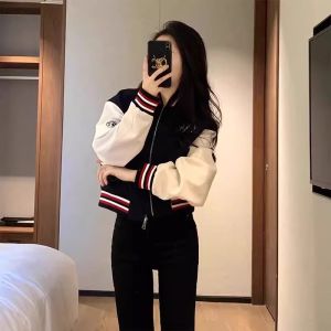 Womens Short Baseball Jacket 2025 New Spring American Retro Color Block Long Sleeve Stand Collar Versatile Zipper Top