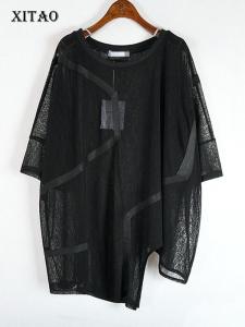 XITAO Irregular Loose T-shirt Casual Women Solid Color All-match O-neck Asymmetric Patchwork Temperament Top