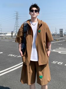 HetingHOME | Hetinghome Summer Trendy Couple Loose Fit Mens Jacket Shorts Set Casual American Style Short Sleeve Outerwear Shirt