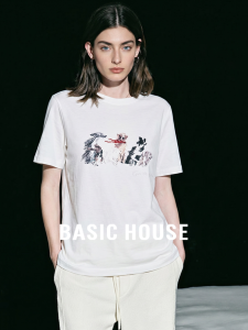 Basic House | White Dog Print Short Sleeve Womens T-shirt