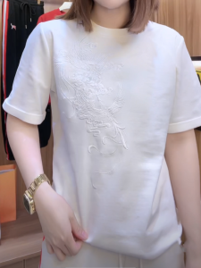 Elegant Long Sleeve Embroidered T-Shirt Womens Loose Fit round Neck Base Shirt Trendy Commute Style Cotton Summer New Arrival
