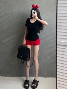 M5031 White V-neck Short-Sleeved T-shirt Womens Summer Loose Easiest for Match Casual Laid-Back Style Inner Black Tops