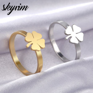 SKYRIM แหวนสแตนเลสแบบเปิดแหวนใบโคลเวอร์แสนสวยและสง่างามเครื่องประดับแฟชั่นปรับได้สำหรับผู้หญิง