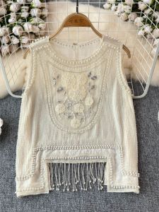 Handmade Beaded Sequin Embroidered Loose Strap Vest Spring Summer High End Fashion Tassel Trim Chiffon Bright Sparkling Top