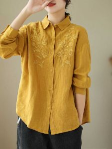 Big Sale Brand Counter Withdraw Big Brand Tail Womens Clothing Retro Embroider Cotton Cardigan Tops Loose Linen Lapel Shirt