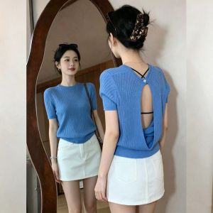 V.C.I | French Style Open Back Hollow Out Ice Silk T-Shirt