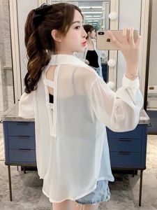 เสื้อคลุมกันแดดแบบบางเฉียบสำหรับผู้หญิง ฤดูร้อน 2024 สไตล์เกาหลี หลวม น้ำหนักเบา หลากหลาย ดีไซน์หลังสวย เสื้อเชิ้ต