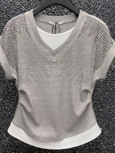French Elegance Rhinestoned Illusion Two-Piece Fashionable T-shirt