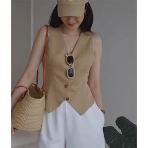 เสื้อกล้ามคอวีฝรั่งเศสฤดูร้อนดีไซน์สลิมฟิตเสื้อแขนกุดเปิดด้านหน้าสําหรับผู้หญิง