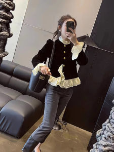 French Style Vintage Velvet Ruffles Shirt Female 2024 Autumn and Winter New Arrival Fancy Temperament Long Sleeve Chic Tops