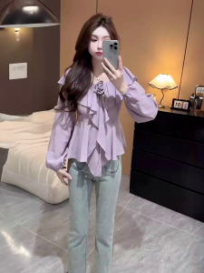 เสื้อเชิ้ตคอวีแขนยาวทรงเข้ารูปสไตล์เกาหลีสำหรับผู้หญิงในฤดูใบไม้ร่วง กระโปรงทรงเอเอวสูง ลายดอกไม้ 3 มิติ เสื้อผ้าทำงาน