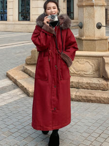 Red Long Ankle-Length Thickened Fleece Womens Cotton Jacket Winter New Style Large Size Coat Korean Style Commute Pure Color