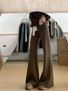 Extended Length Casual Pants Womens Slimming Low Waist Bell Bottoms Coffee Color Floor Length Trousers for Tall Women 175cm
