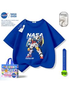 เสื้อยืดแขนสั้นผ้าฝ้าย NASA สำหรับเด็กชายและเด็กหญิง ฤดูร้อน ลายการ์ตูน ระบายอากาศได้ดี คอกลม ปกติ