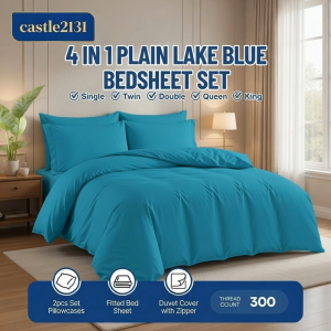 4-in-1 Lake Blue Bedding Set Fitted Sheet Zipper Duvet Cover 2 Pillowcases Soft Hotel Quality Bedsheet Set for Bedroom Comfortable Mattress Cover All Sizes
