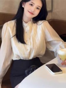 chaqi | Elegant French Style Long Sleeve Ruffle Collar White Shirt For Women Ageless Design Korean Loose Fit Commute Fashion