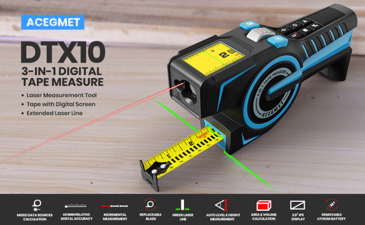 Mileseey ACEGMET DTX10 3-In-1สายวัดดิจิตอลเครื่องวัดค่า100เมตรพร้อมการเชื่อมต่อบลูทูธ ± ความแม่นยำ0.1มม. 2.0 "IPS แสดงการวัดที่เพิ่มขึ้นบรรทัดเลเซอร์สีเขียวออโต้ระดับ & พื้นที่การวัดความสูง & การคำนวณปริมาณ