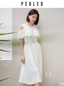 Peoleo Summer 2025 White Waist-Cinching Dress Elegant French Style Belted Casual V-Neck Midi Skirt for Women