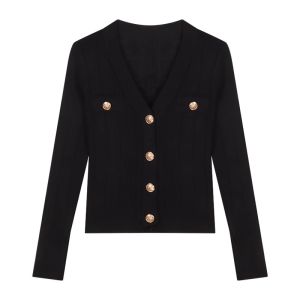 Black V-Neck Knitted Open Cardigan Womens Early Spring 2025 New Long Sleeve Slim Fit Sweater Inner Short Top Korean Style
